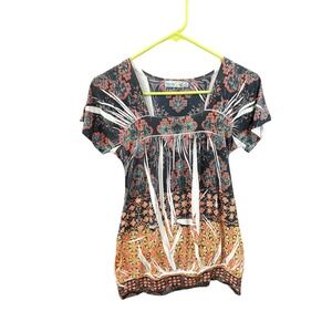 Unity World Wear Womens Boho Geometric Print Square Neck Babydoll Top Black Sm
